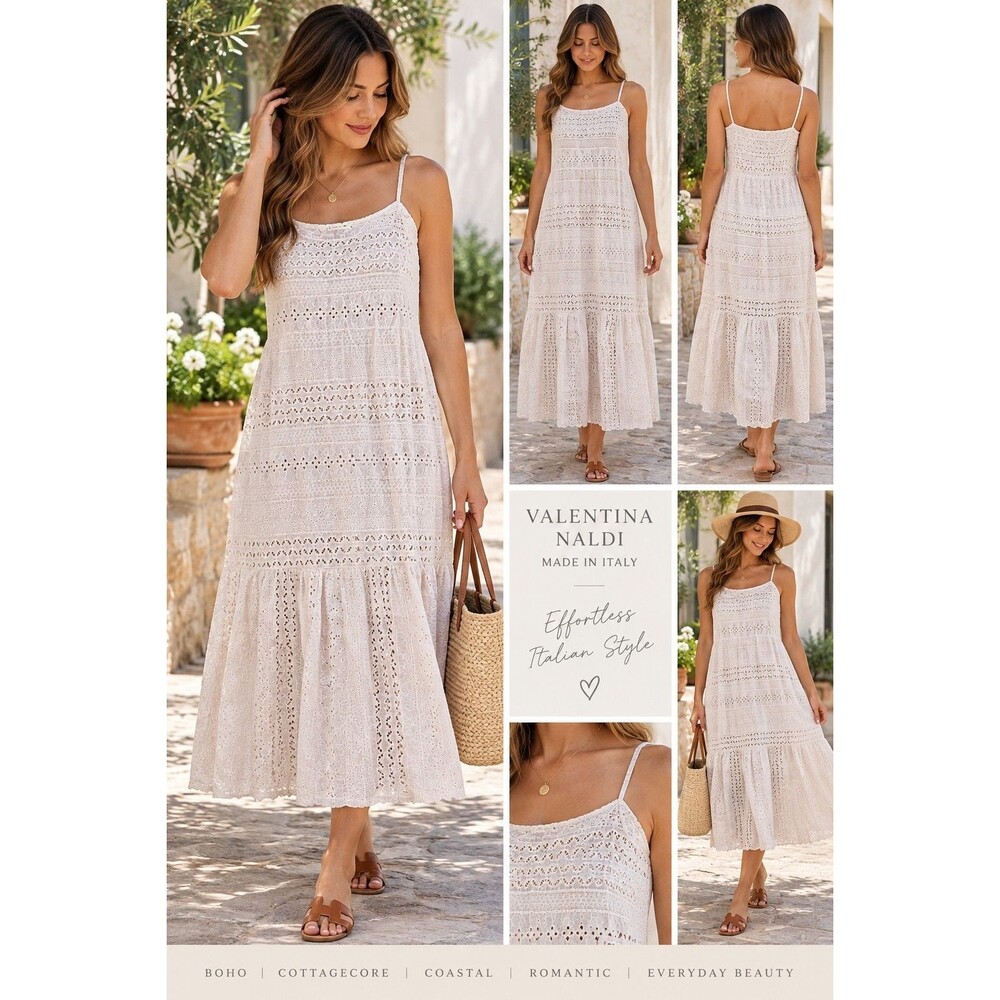 Valentina Naldi Women’s S White Eyelet Cotton Midi Dress Boho Cottagecore Italy
